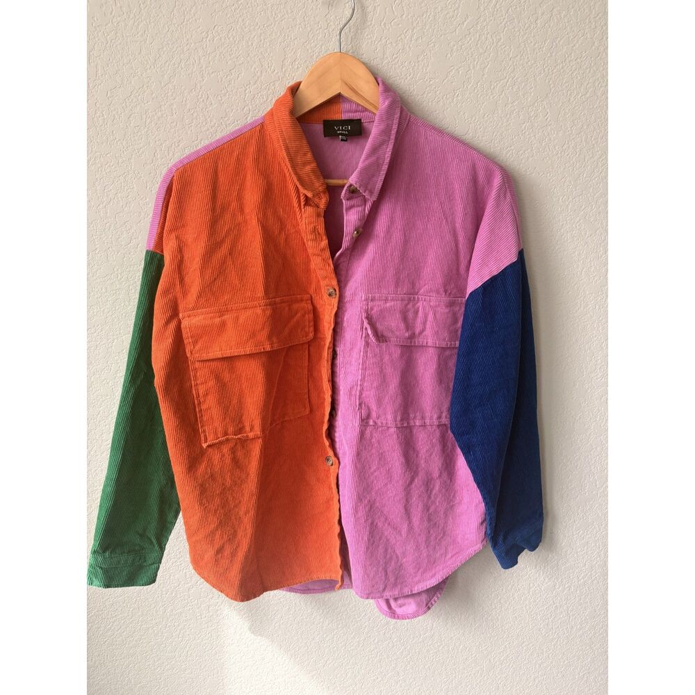 VICI Colorblock Corduroy Oversized Button-Up Shacket Small, 100% Cotton